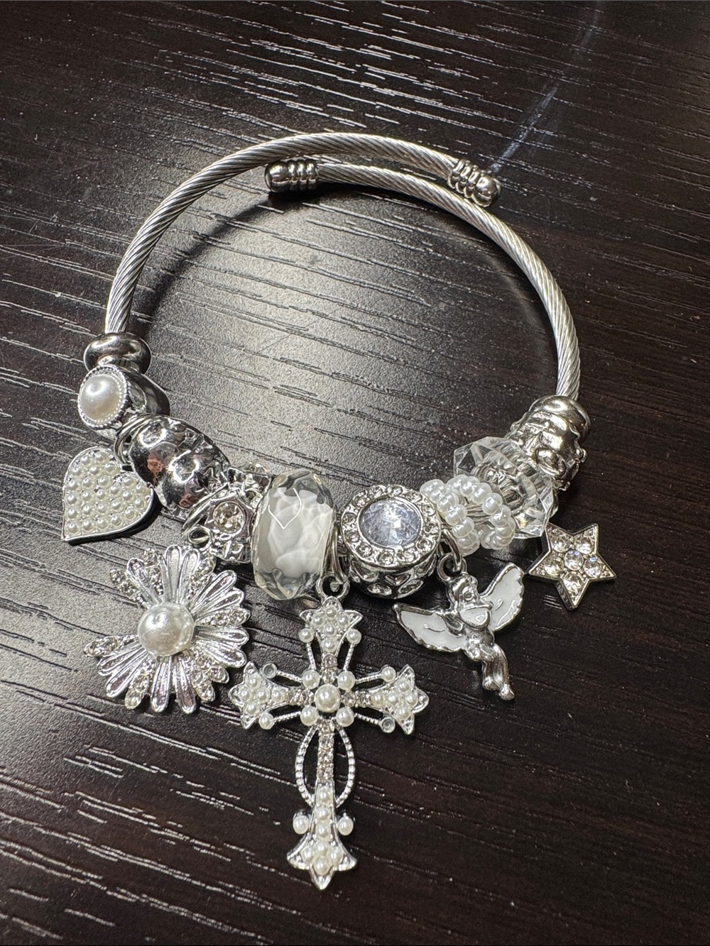 Silver-Tone White Charm Bracelet with Cross and Floral Pendants